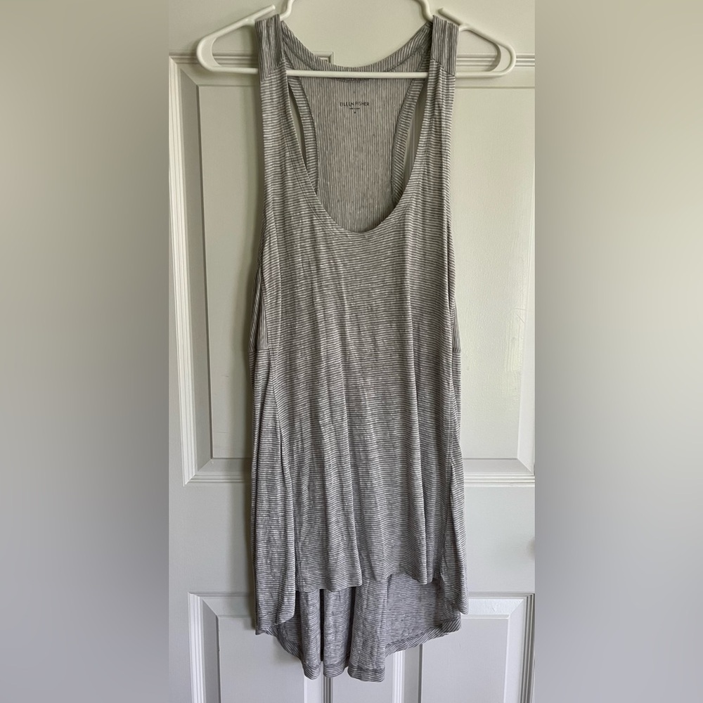 Eileen Fisher Organic Linen Gray Striped Long Sleeveless Top